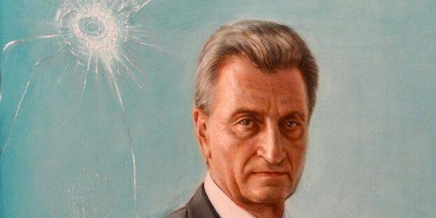 ein gemaltes Bild zeigt Günther Oettinger hinter einer Scheibe mit EInschussloch ein gemaltes Bild zeigt Günther Oettinger hinter einer Scheibe mit EInschussloch