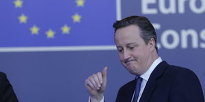 Porträt Cameron, im Hintergrund eine Europa-Flagge