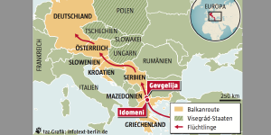 Landkarte mit der Balkanroute der Flüchtlinge Landkarte mit der Balkanroute der Flüchtlinge
