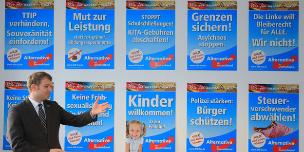 AfD-Mann steht vor AfD-Wahlplakaten AfD-Mann steht vor AfD-Wahlplakaten