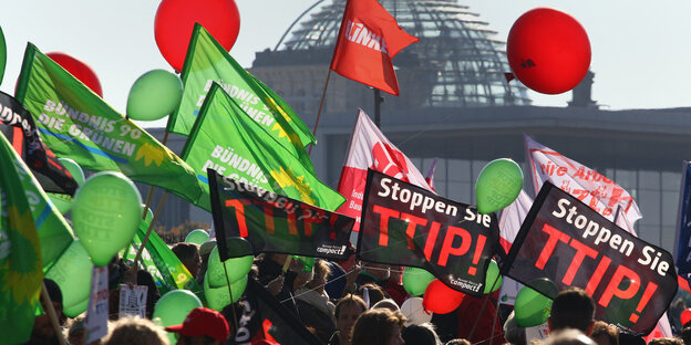 Menschen mit Fahnen und Luftballons bei einer Demonstration Menschen mit Fahnen und Luftballons bei einer Demonstration