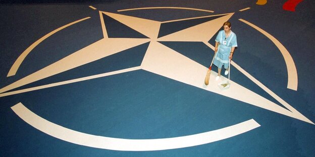 Frau saugt Teppich mit Nato-Symbol Frau saugt Teppich mit Nato-Symbol