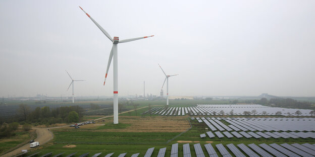Windräder stehen vor Solarmodulen Windräder stehen vor Solarmodulen