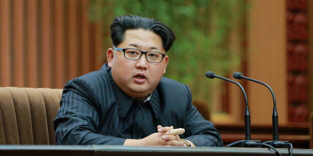 Nordkoreas Machthaber Kim Jong Un sitzt an einem Tisch. Darauf stehen Mikrofone. Nordkoreas Machthaber Kim Jong Un sitzt an einem Tisch. Darauf stehen Mikrofone.