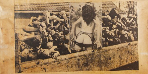 Ein Foto seiner nakten Frau auf ein Foto eines Laster mit Leichen geklebt Ein Foto seiner nakten Frau auf ein Foto eines Laster mit Leichen geklebt
