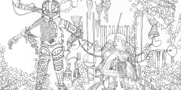 Eine Schwarz-weiß-Zeichnung zeigt zwei Cyborgs, die durch vielfältige Spiralen und Drähte miteinander verbunden sind. Eine Schwarz-weiß-Zeichnung zeigt zwei Cyborgs, die durch vielfältige Spiralen und Drähte miteinander verbunden sind.
