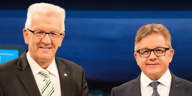 Winfried Kretschmann und Guido Wolf stehen nebeneinander Winfried Kretschmann und Guido Wolf stehen nebeneinander