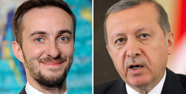 Zwei nebeneinandermontierte Porträts von Jan Böhmermann und Recep Tayyip Erdoğan Zwei nebeneinandermontierte Porträts von Jan Böhmermann und Recep Tayyip Erdoğan