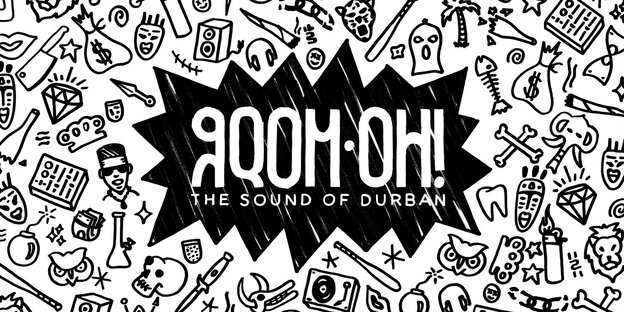 schwarz-weiße Zeichnung mit einer gezackten Sprechblase in der Mitte, in der „Gqom Oh!“ steht schwarz-weiße Zeichnung mit einer gezackten Sprechblase in der Mitte, in der „Gqom Oh!“ steht
