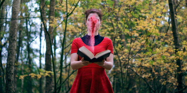 Eine Frau im roten Kleid steht im Wald und liest ein Buch, aus dem rote Farbe dampft Eine Frau im roten Kleid steht im Wald und liest ein Buch, aus dem rote Farbe dampft