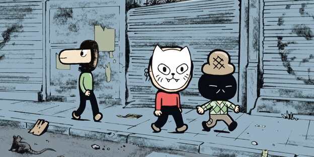 drei Comic-Figuren laufen eine schäbige Straße entlang drei Comic-Figuren laufen eine schäbige Straße entlang