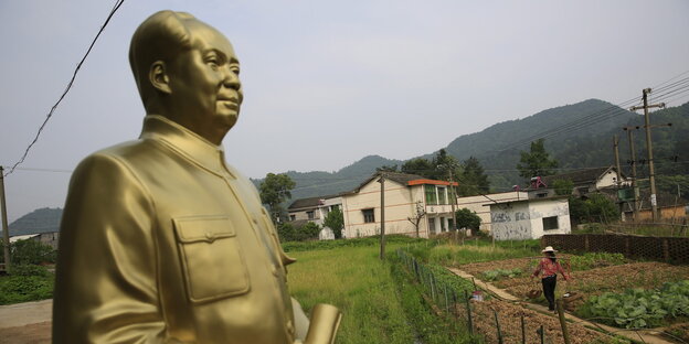 goldene Mao-Statue, dahinter Felder und ein Haus mit Giebeldach goldene Mao-Statue, dahinter Felder und ein Haus mit Giebeldach