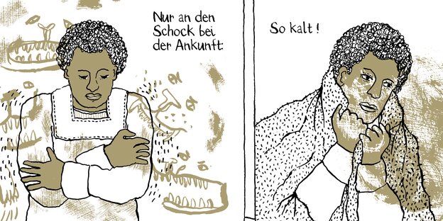 Ausschitt aus dem Comic Madgermanes, zwei Panels, die eine Person zeigen, der kalt ist Ausschitt aus dem Comic Madgermanes, zwei Panels, die eine Person zeigen, der kalt ist