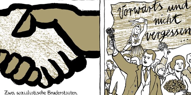 Ausschnitt aus dem Comic Madgermanes, zwei Panels, in einem werden Hände geschüttelt, im anderen ist eine jubelnde Menge zu sehen Ausschnitt aus dem Comic Madgermanes, zwei Panels, in einem werden Hände geschüttelt, im anderen ist eine jubelnde Menge zu sehen