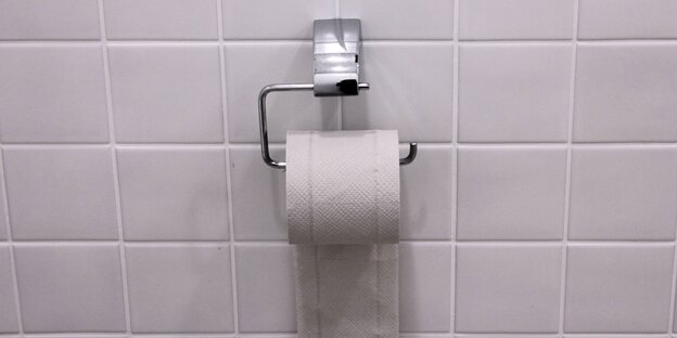 Eine Rolle Klopapier hängt an einer gefliesten Wand Eine Rolle Klopapier hängt an einer gefliesten Wand