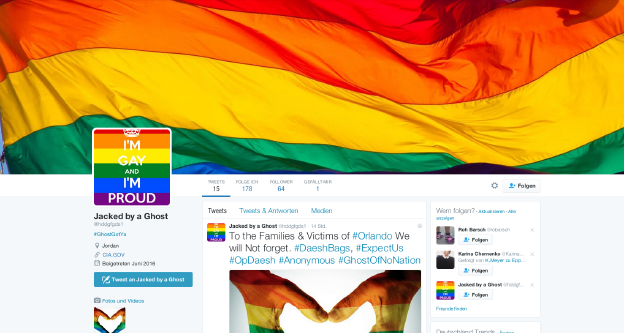 Screenshot des Twitter-Accounts eines IS-Anhängers, der gehackt wurde und nun gaypride-Zeug zeigt Screenshot des Twitter-Accounts eines IS-Anhängers, der gehackt wurde und nun gaypride-Zeug zeigt