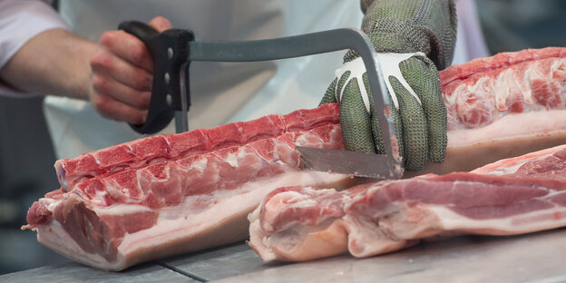 Ein großes Stück Fleisch, das mit einer Säge entzweigeschnitten wird Ein großes Stück Fleisch, das mit einer Säge entzweigeschnitten wird