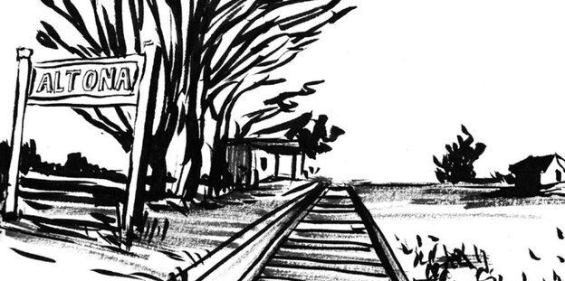 Comicpanel, das einen Bahnhof namens Altona inmitten freier Natur zeigt Comicpanel, das einen Bahnhof namens Altona inmitten freier Natur zeigt