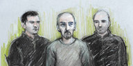 Zeichnung, auf der drei Männer zu sehen sind, Polizeibeamte mit dem Verdächtigen Thomas M. in der Mitte