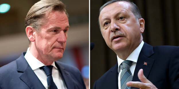 Ein zweigeteiltes Bild zeigt Mathias Döpfner und Recep Tayyip Erdoğan Ein zweigeteiltes Bild zeigt Mathias Döpfner und Recep Tayyip Erdoğan