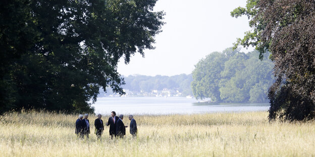 Frank-Walter Steinmeier, Didier Reynders, Paolo Gentiloni, Bert Koenders, Jean Asselborn und Jean-Marc Ayrault spazieren durch den Garten der Berliner Villa Borsig Frank-Walter Steinmeier, Didier Reynders, Paolo Gentiloni, Bert Koenders, Jean Asselborn und Jean-Marc Ayrault spazieren durch den Garten der Berliner Villa Borsig