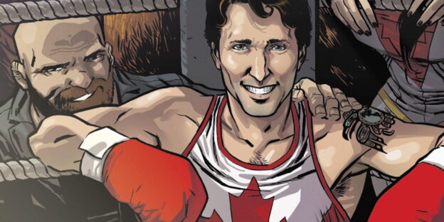 Justin Trudeau sitzt als Comicfigur im Ring. hinter ihm stehen mehrere Superhelden, unter anderem Iron Man. Justin Trudeau sitzt als Comicfigur im Ring. hinter ihm stehen mehrere Superhelden, unter anderem Iron Man.