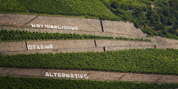 An Mauern zwischen Weinbergen steht „Nationalismus ist keine Alternative“ An Mauern zwischen Weinbergen steht „Nationalismus ist keine Alternative“
