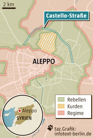Stadtplan von Aleppo mit Machtbereichen von Rebellen, Regime und Kurden Stadtplan von Aleppo mit Machtbereichen von Rebellen, Regime und Kurden