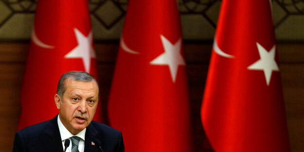 Ein Mann vor türkischen Flaggen. Es ist Recep Tayyip Erdogan Ein Mann vor türkischen Flaggen. Es ist Recep Tayyip Erdogan