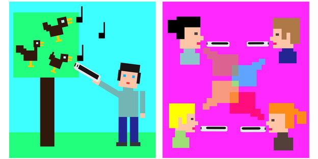 Illustration mit zwei Bildern, links hält ein Mann ein Handy an einen Baum voller singender Vögel, rechts reden vier Menchen in ihre Handys Illustration mit zwei Bildern, links hält ein Mann ein Handy an einen Baum voller singender Vögel, rechts reden vier Menchen in ihre Handys