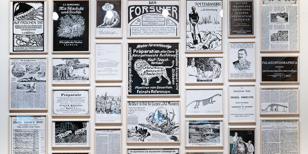 Eine Wand voller eingerahmter Kunstinterventionen Eine Wand voller eingerahmter Kunstinterventionen