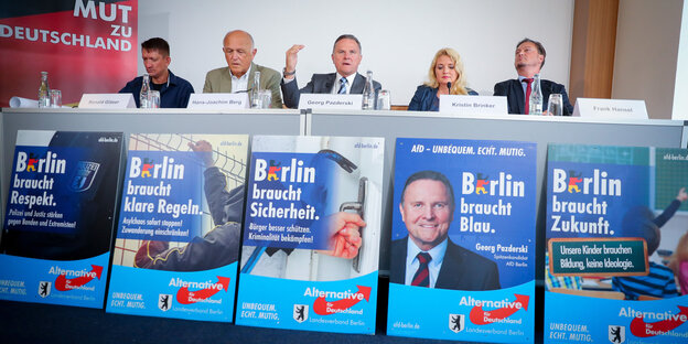 Mehrere Menschen an einem Tisch mit AfD-Plakaten