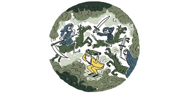 Illustration: In einem gezeichneten Oval kämpfen Männer auf Pferden mit Schwertern, ein Mann mit Aktenkoffer über dem Kopf duckt sich Illustration: In einem gezeichneten Oval kämpfen Männer auf Pferden mit Schwertern, ein Mann mit Aktenkoffer über dem Kopf duckt sich
