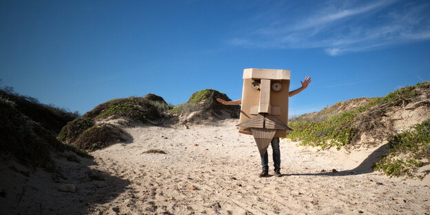 Ein Mensch mit Pappkartonverkleidung steht am Strand Ein Mensch mit Pappkartonverkleidung steht am Strand