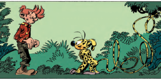 Auf einem Comicbild stehen sich Spirou und das Marsupilami gegenüber Auf einem Comicbild stehen sich Spirou und das Marsupilami gegenüber