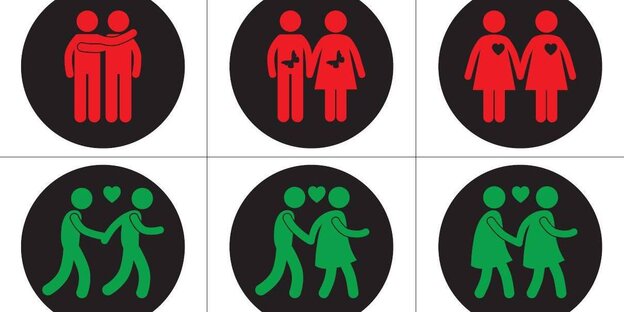 Fußgängerampeln mit gleichgeschlechtlichen und gemischten Paaren Fußgängerampeln mit gleichgeschlechtlichen und gemischten Paaren