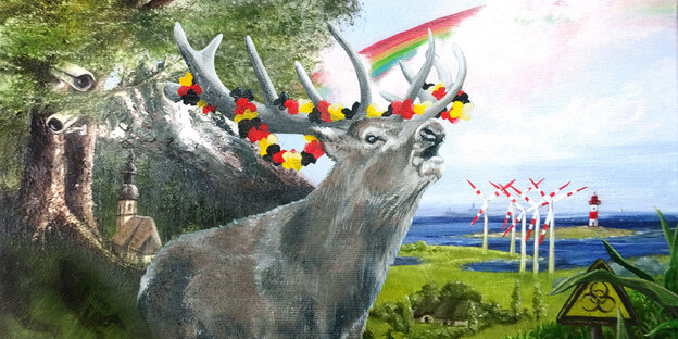 Ein röhrender Hirsch mit einer schwarz-rot-gelben Schmuckkette im Geweih, dahinter ein Baum und ein Regenbogen