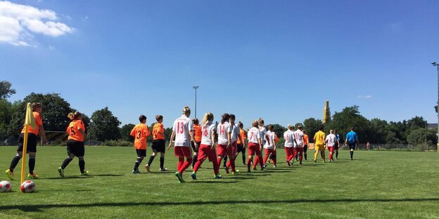 Zwei Frauenfußballteams laufen auf den Rasen Zwei Frauenfußballteams laufen auf den Rasen