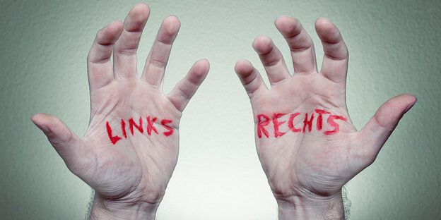 Zwei in die Höhe gehaltene Hände, auf der rechten steht „rechts“, auf der linken steht „links“ geschrieben Zwei in die Höhe gehaltene Hände, auf der rechten steht „rechts“, auf der linken steht „links“ geschrieben