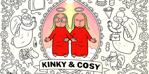 Eine Comiczeichnung von zwei Mädchen in roten Kleidern, drumherum jede Menge Kleinkram Eine Comiczeichnung von zwei Mädchen in roten Kleidern, drumherum jede Menge Kleinkram