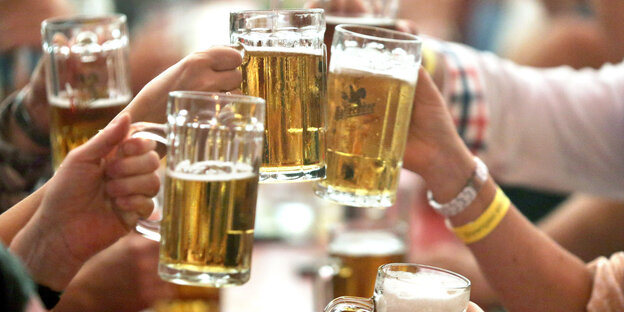 Mehrere Maß Bier von Händen zum Anstoß hochgehoben Mehrere Maß Bier von Händen zum Anstoß hochgehoben