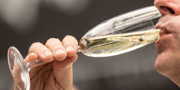 Ein Glas Sekt wird zum Mund geführt Ein Glas Sekt wird zum Mund geführt