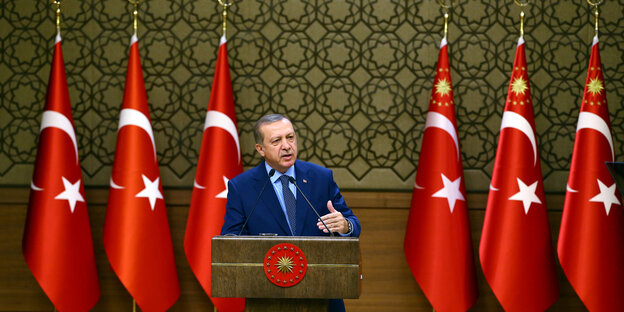 Ein Mann in Anzug steht hinter einem Podium und spricht in ein Mikrofon, hinter ihm sind türkische Nationalflaggen aufgestellt Ein Mann in Anzug steht hinter einem Podium und spricht in ein Mikrofon, hinter ihm sind türkische Nationalflaggen aufgestellt