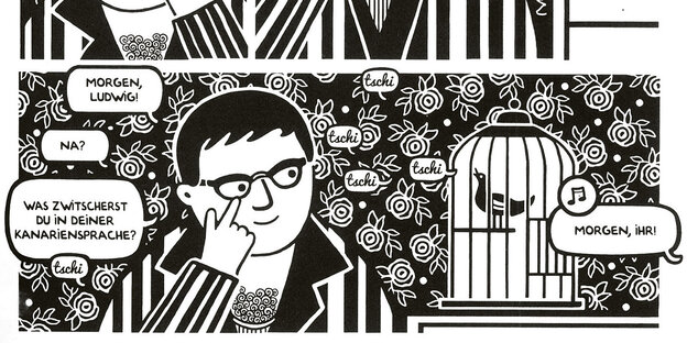Comiczeichnung von Abirached. Ihr Urgroßvater spricht mit einem Vogel im Käfig Comiczeichnung von Abirached. Ihr Urgroßvater spricht mit einem Vogel im Käfig
