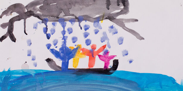 Ein mit Wasserfarben gemaltes Bild: In einem Boot, das auf blauem Wasser schwimmt, stehen vier Menschen; über ihnen vergießt eine schwarze Wolke dicke Regentropfen Ein mit Wasserfarben gemaltes Bild: In einem Boot, das auf blauem Wasser schwimmt, stehen vier Menschen; über ihnen vergießt eine schwarze Wolke dicke Regentropfen