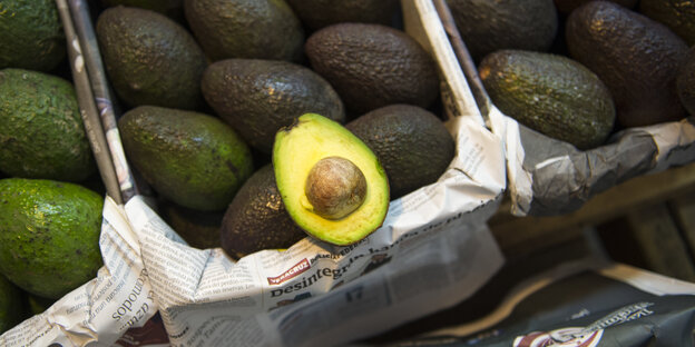 Eine Kiste Avocados, eine ist bereits halbiert Eine Kiste Avocados, eine ist bereits halbiert