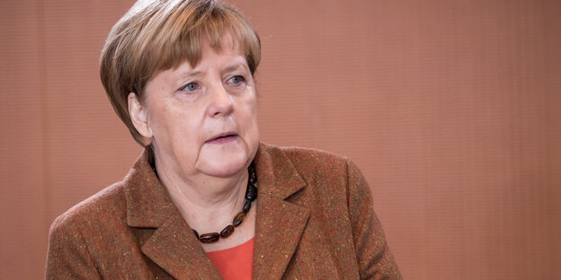 Angela Merkel trägt braun und steht vor einer braunen Wand Angela Merkel trägt braun und steht vor einer braunen Wand