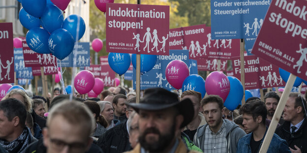 Eine Menschenmenge hält rosa und blaue Schilder und Luftballons hoch Eine Menschenmenge hält rosa und blaue Schilder und Luftballons hoch