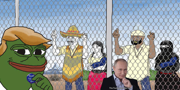 Collage aus veschiedenen Internet-Memes, darunter der grüne Comicfrosch Pepe the Frog, und Wladimir Putin Collage aus veschiedenen Internet-Memes, darunter der grüne Comicfrosch Pepe the Frog, und Wladimir Putin