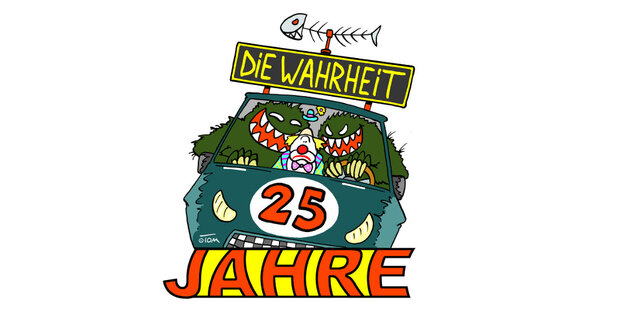 Eine Zeichnung, die zwei Monster und einen Clown in einem Auto zeigt Eine Zeichnung, die zwei Monster und einen Clown in einem Auto zeigt